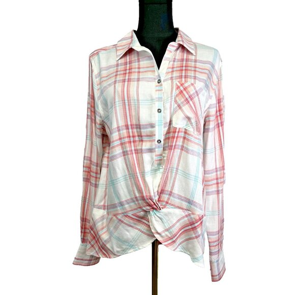 C&C California Tops - C & C California Womens Top High Low Twist Front Plaid Pullover Coastal‎ Pastel